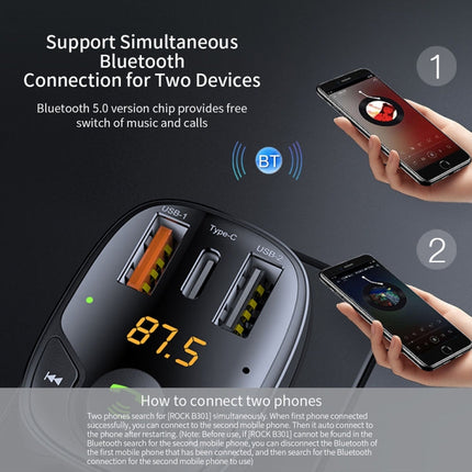 ROCK B301 Dual USB + PD Bluetooth 5.0 FM Transmitter & Car Charger, Support TF Card / U-disk