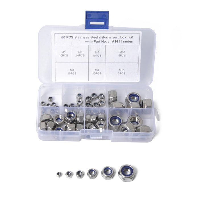 60 PCS Car 304 Stainless Steel Lock Nuts Nylon Insert Locknut Kit M3-M10, 60 PCS