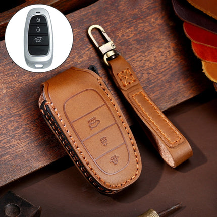 Hallmo Car Cowhide Leather Key Protective Cover Key Case for Hyundai 3-button, For Hyundai 3-button