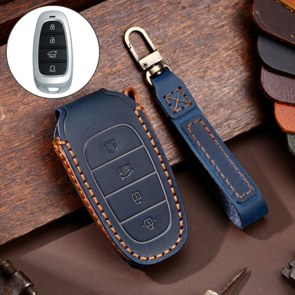 Hallmo Car Cowhide Leather Key Protective Cover Key Case for Hyundai 4-button Start, For Hyundai 4-button Start