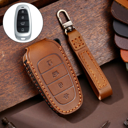 Hallmo Car Cowhide Leather Key Protective Cover Key Case for Hyundai 4-button Start, For Hyundai 4-button Start