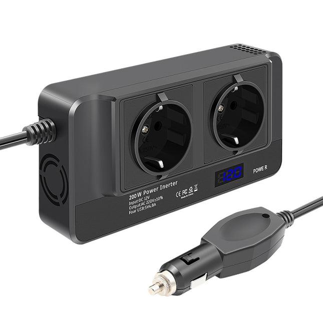 DC12V 200W AC220V Car Smart Multi-functional Digital Display Inverter, EU Plug, EU Plug