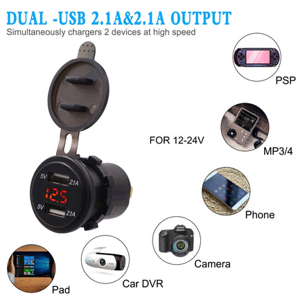 Universal Car Dual Port USB Charger Power Outlet Adapter 4.2A 5V IP66 with LED Digital Voltmeter + 60cm Cable, 4.2A Voltmeter + 60cm Cable(Blue Light), 4.2A Voltmeter + 60cm Cable(Green Light), 4.2A Voltmeter + 60cm Cable(Red Light)