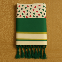 Traditional Kerala Cotton Onam Saree with Geometric Print & Green Kasavu Border S109