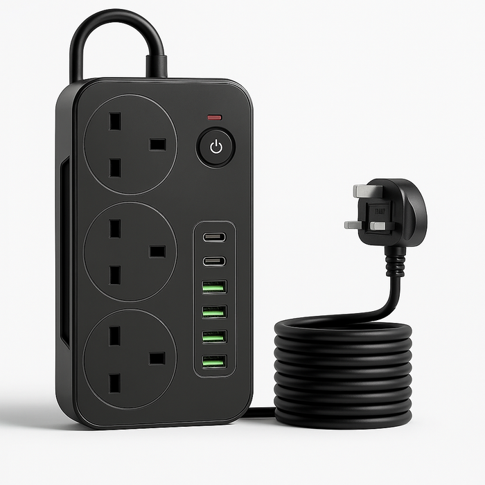 Multi-Port Power Board 2025 | 3 Outlets, 3 USB-A & 3 Type-C Fast Charging, 2m Cable, Overload Protection – Ideal for Home & Office