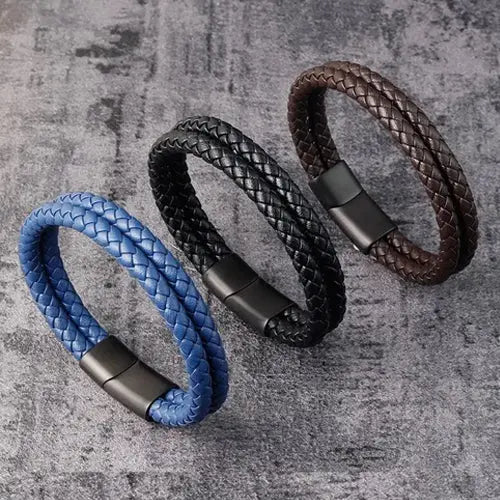 Classic Black Mens Double Leather Bracelet