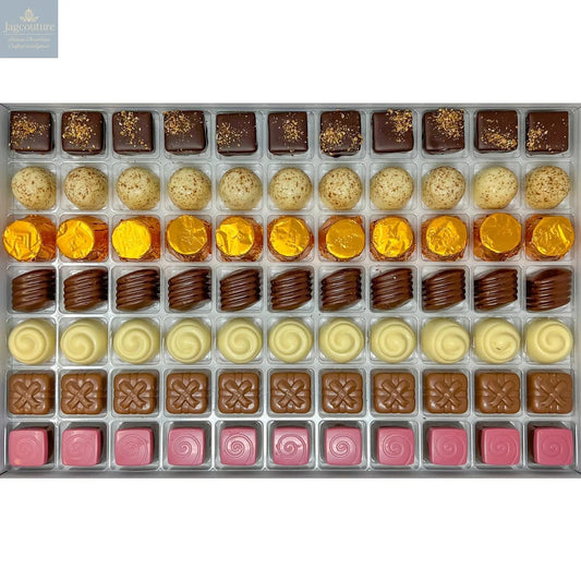 Classic Praline Selection - dark lemon, white hazelnut, milk salted caramel, white apricot, milk Irish cream, milk raspberry, dark pistachio