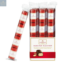 Classic dark chocolate covered bite-sized marzipan loaves in flow wrapped stick pack