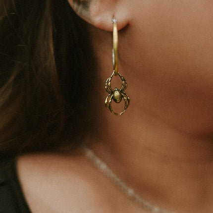 Gold Orb Weaver Spider Hoop Earrings
