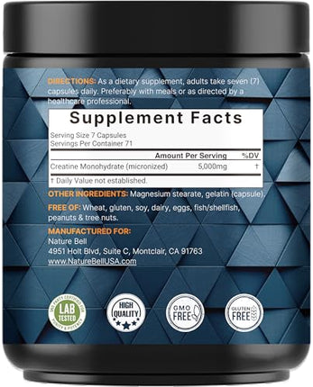 NatureBell Creatine Monohydrate Capsules – 5,000mg per Serving, 500 Count | Unflavored Micronized