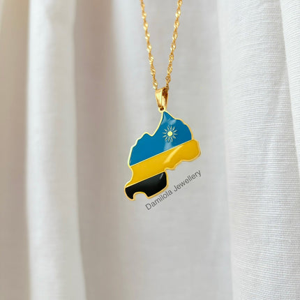 Rwanda Flag Map Necklace - Gold
