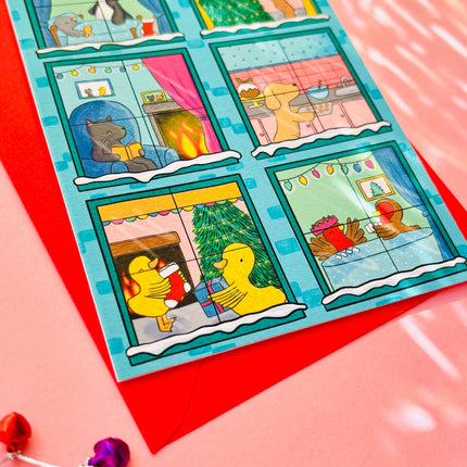 Illustrated animals Christmas scene A6 greetings card