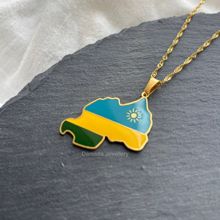Rwanda Flag Map Necklace - Gold