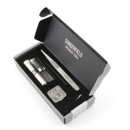 Dangerfield Aerospace Cutaway Practice Lock +Pins and Tweezers - Repinnable, Configurable Solid Metal Training Lock