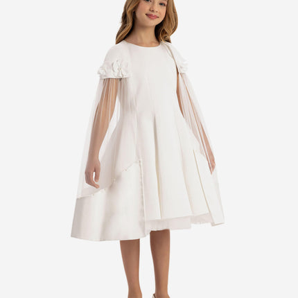 DRESS & Fleur Girls Dress with Removable Cape in White