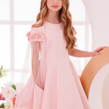 DRESS & Fleur Girls Dress with Removable Cape in Pink