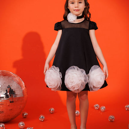 DRESS & Fleur Girls Dress with Flower Choker in Black