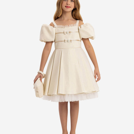 DRESS & Fleur Girls Puff Sleeve Dress with Bag in Beige