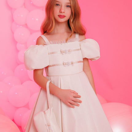 DRESS & Fleur Girls Puff Sleeve Dress with Bag in Beige