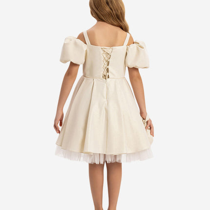 DRESS & Fleur Girls Puff Sleeve Dress with Bag in Beige
