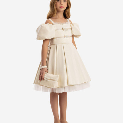 DRESS & Fleur Girls Puff Sleeve Dress with Bag in Beige