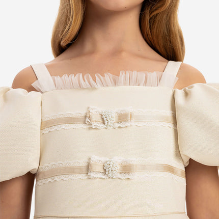 DRESS & Fleur Girls Puff Sleeve Dress with Bag in Beige