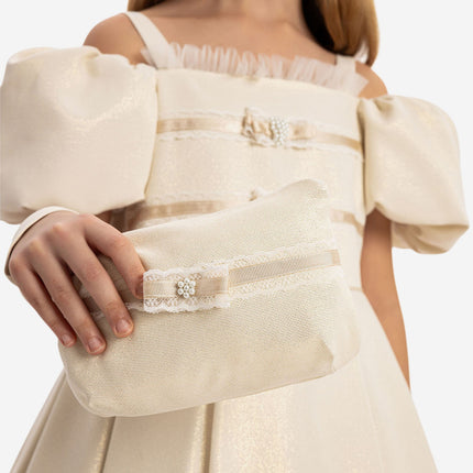 DRESS & Fleur Girls Puff Sleeve Dress with Bag in Beige