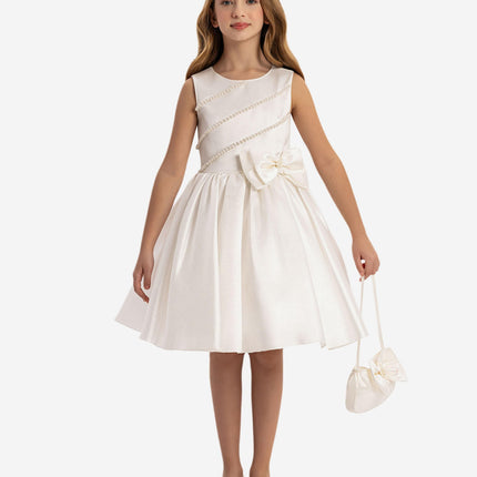 DRESS & Fleur Girls Satin Dress with Matching Bag in White
