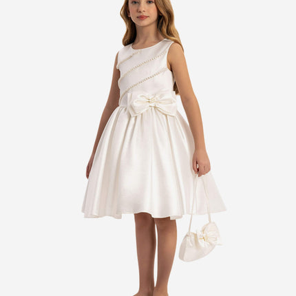 DRESS & Fleur Girls Satin Dress with Matching Bag in White