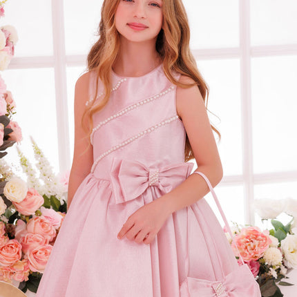 DRESS & Fleur Girls Satin Dress with Matching Bag in Pink