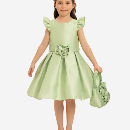 DRESS & Fleur Girls Dress with Matching Floral Bag in Green
