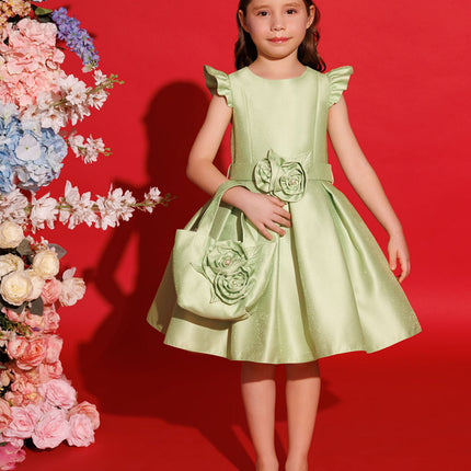 DRESS & Fleur Girls Dress with Matching Floral Bag in Green
