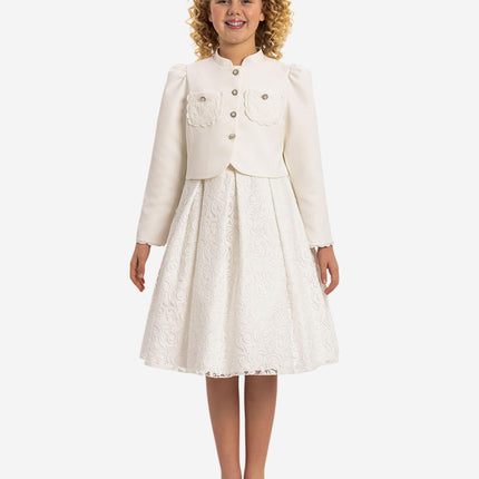 DRESS & Fleur Girls Lace Dress with Bolero in White