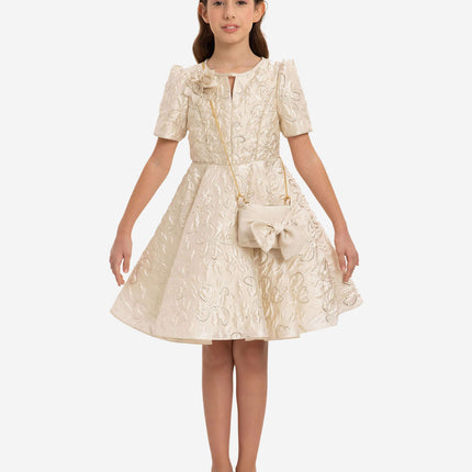 DRESS & Fleur Girls Elegant Dress with Matching Bag in Beige