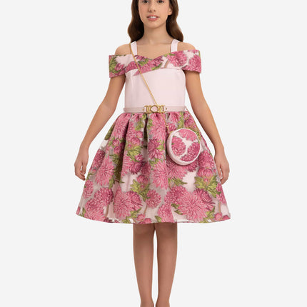 DRESS & Fleur Girls Jacquard Dress with Bag in Pink