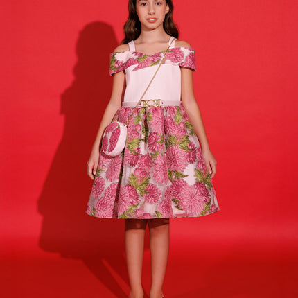 DRESS & Fleur Girls Jacquard Dress with Bag in Pink
