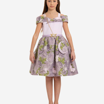 DRESS & Fleur Girls Jacquard Dress with Bag in Purple