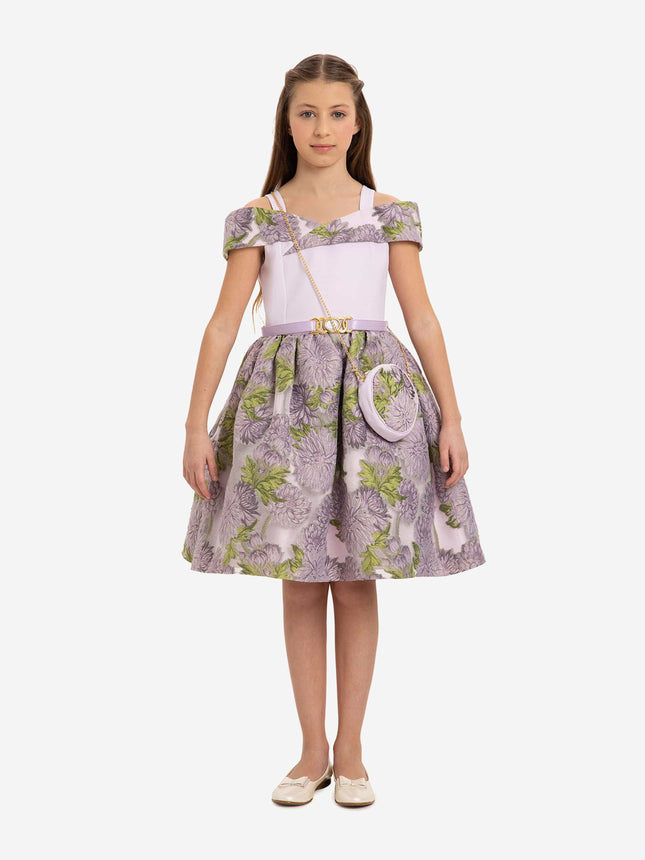 DRESS & Fleur Girls Jacquard Dress with Bag in Purple