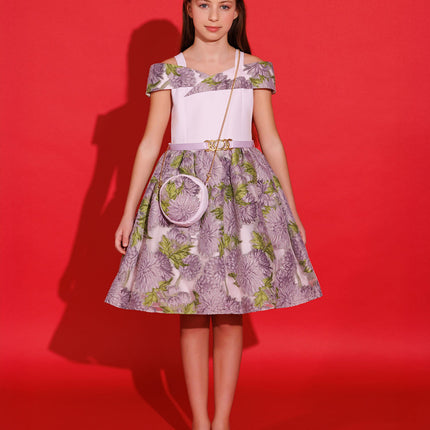DRESS & Fleur Girls Jacquard Dress with Bag in Purple