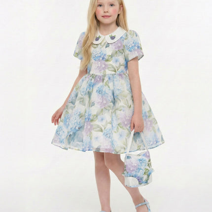 DRESS & Fleur Girls Floral Occasion Dress with Bag in Blue