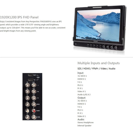 FEELWORLD FW1018SPV1 1920x1200 10.1 inch IPS Screen HD Color LCD Director Camera Field Monitor