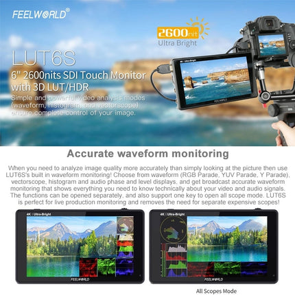 FEELWORLD LUT6S 1920x1080 2600 nits 6 inch IPS Screen HDMI 4K Touch Screen SDI HDI Camera Field Monitor