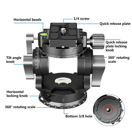 BEXIN DT-03R/S 720 Degree Panorama Heavy Duty Tripod Action Fluid Drag Head with Quick Release Plate, DT-03R/S