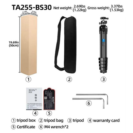 BEXIN TA255-BS30 Portable Collapsible Aluminum Alloy Camera Tripod with Head, TA255-BS30