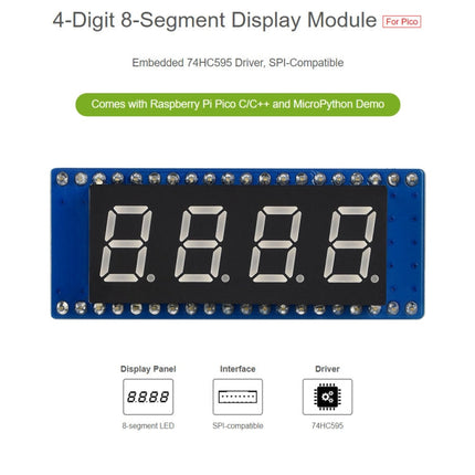 WAVESHARE 4-digit 8-segment Display Module for Raspberry Pi Pico, SPI-compatible, 19806