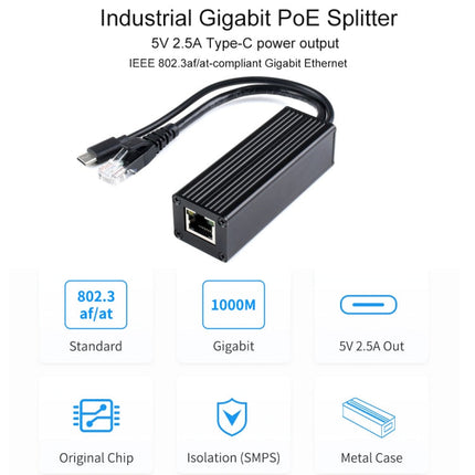 Waveshare Metal Case Gigabit PoE Splitter, 5V 2.5A Type-C Out