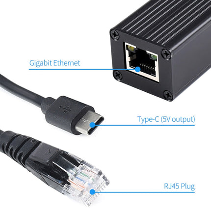 Waveshare Metal Case Gigabit PoE Splitter, 5V 2.5A Type-C Out