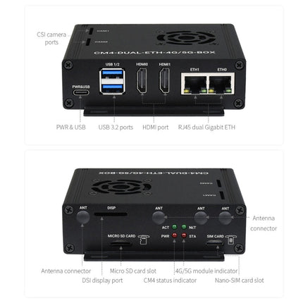 Waveshare Dual Gigabit Ethernet 5G/4G Computer Box with Cooling Fan for Raspberry Pi CM4