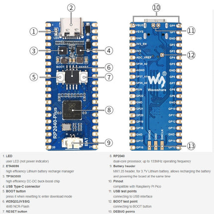 Waveshare RP2040-Plus Pico-like MCU Board Based on Raspberry Pi MCU RP2040, with Pinheader, RP2040-Plus with Pinheader