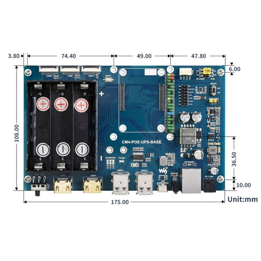 Waveshare PoE UPS Base Board for Raspberry Pi CM4, Gigabit Ethernet, Dual HDMI, Quad USB2.0, PoE UPS Base Board